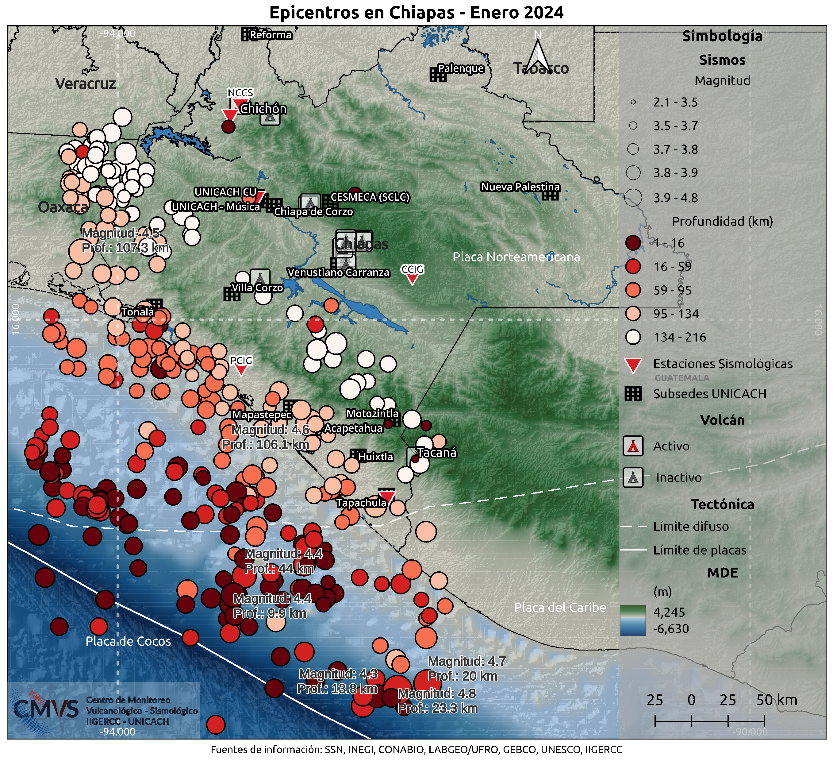 Mapa de la sismicidad ocurrida durante el mes de enero de 2024 en el estado de Chiapas. Fuente de información: SSN, INEGI, CONABIO, LABGE/UFRO, GEBCO, UNESCO, IIGERCC.