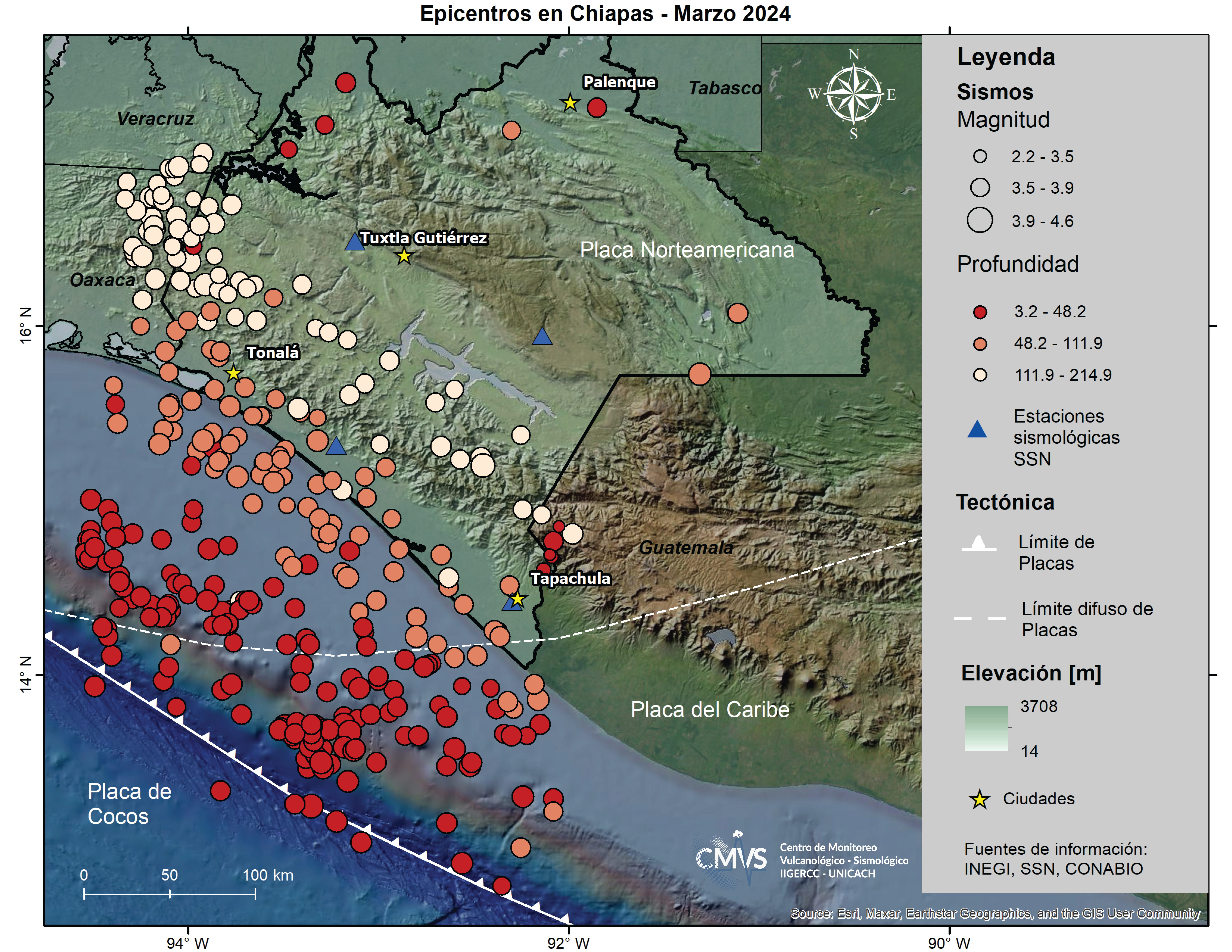 Figura 1. Mapa de la sismicidad ocurrida en Chiapas durante el mes de marzo de 2024. Los círculos muestran los sismos y el color de los círculos muestra la profundidad a la que se originaron.